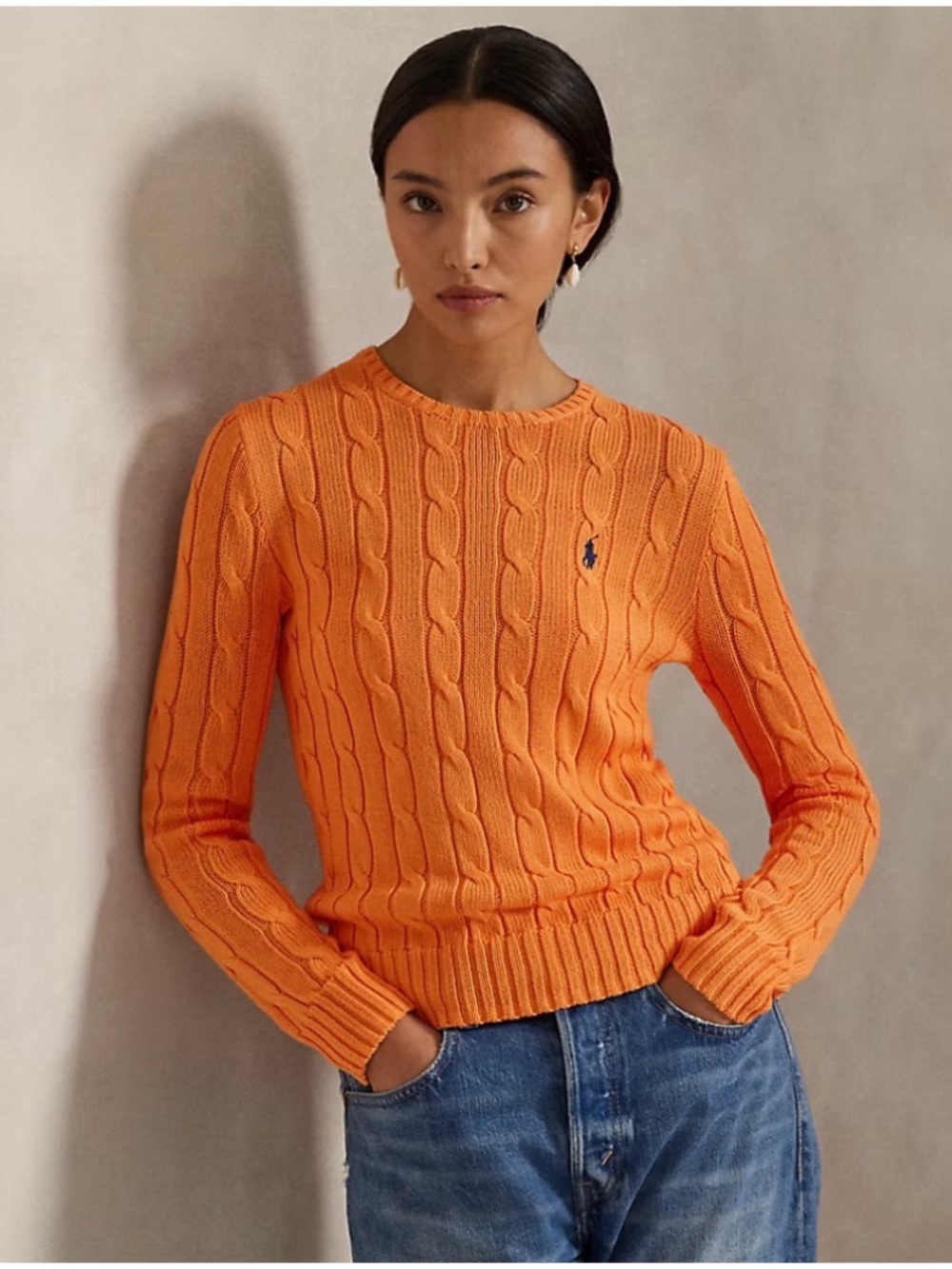 Ralph Lauren Women’s Sz S Cotton Cable Knit Sweater Pullover Sun Orange Crewneck